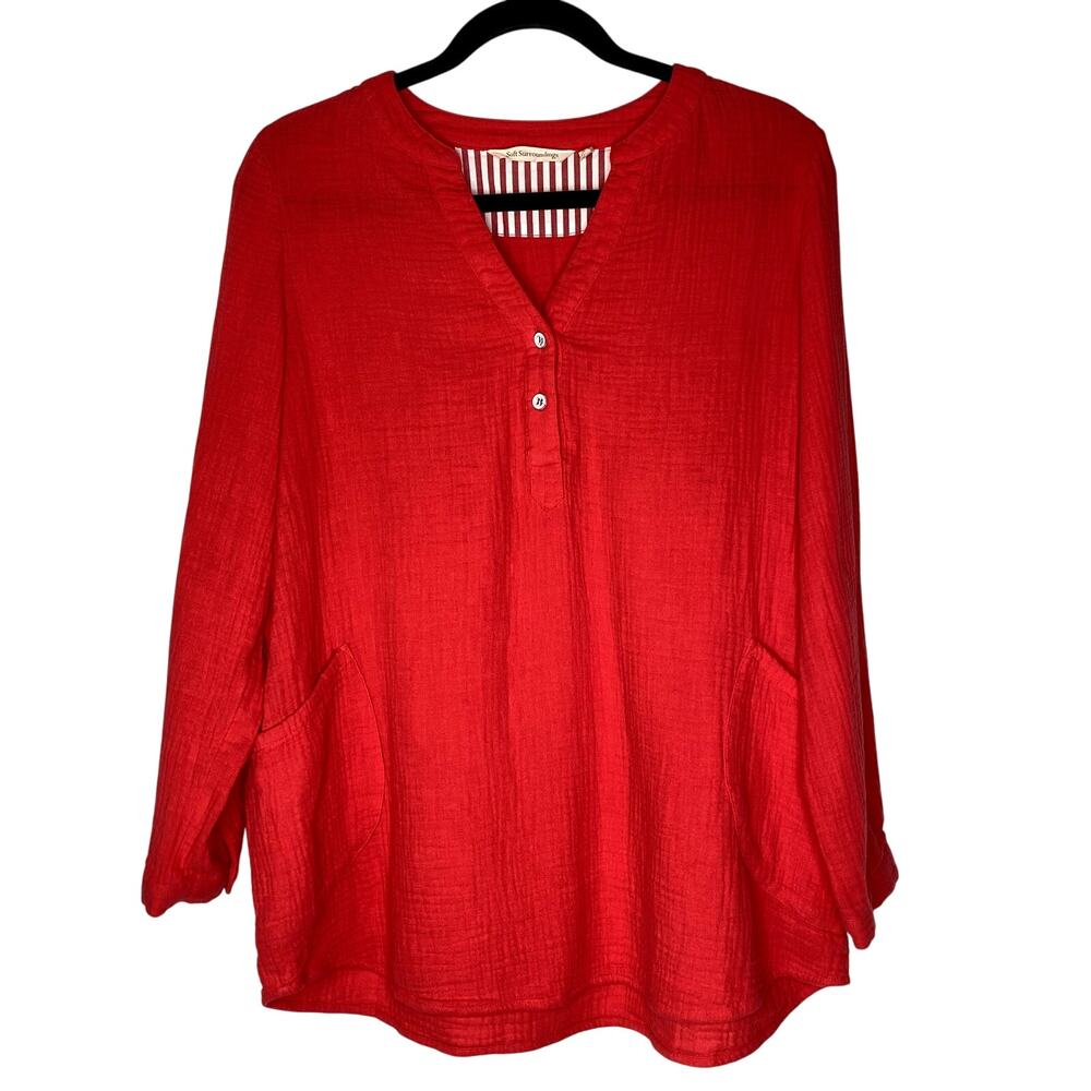 Soft Surroundings Coral Red Gauzy 100% Cotton Tunic Size Medium Petite